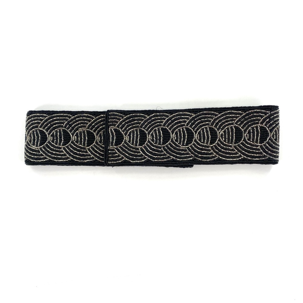 Vintage Nordstrom‎ Women Beaded Black & Silver Circle Design Waist Belt Velcro M